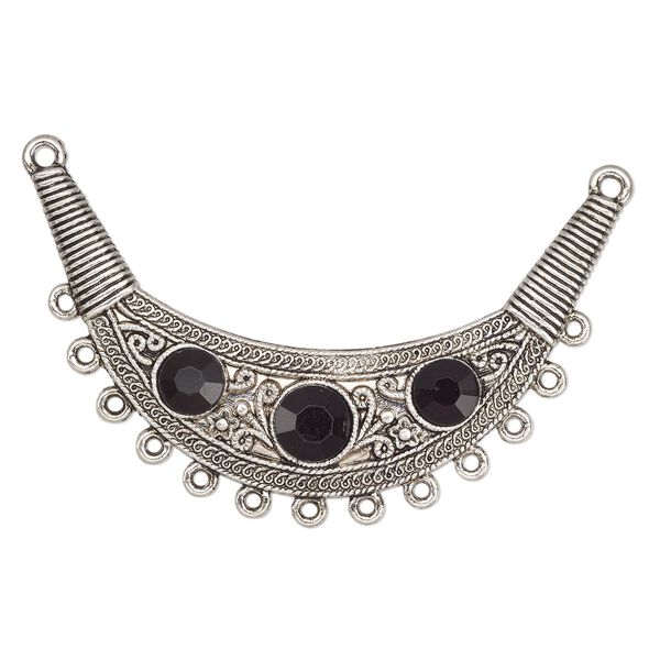 Connector, antique silver-finished "pewter" (zinc-based alloy) and glass, black, 3-1/2x2" crescent. Sold individually. image number 0