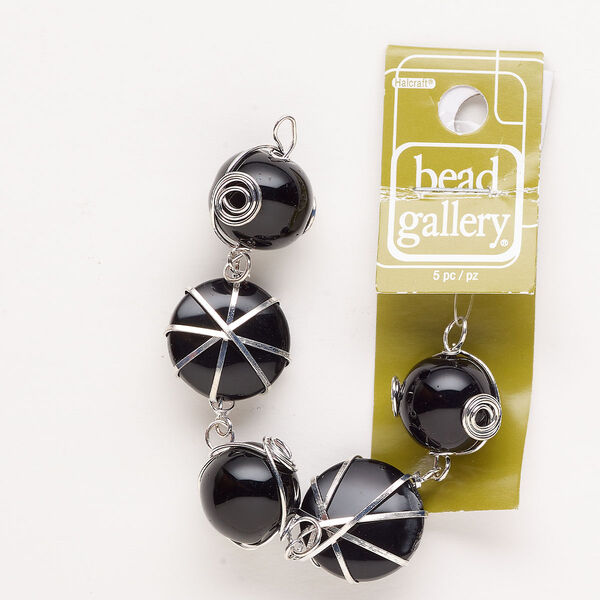 Component, glass and silver-finished steel, black, 20.5mm round and 20.5mm puffed flat round. Sold per 4-inch strand, approximately 5 components. image number 0