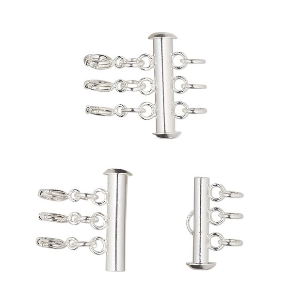 Clasp, 3-strand slide lock, silver-finished brass, 21x6mm round tube with 3 springring clasps and (3) 5mm open jump rings. Sold individually. image number 0