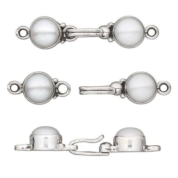 Clasp, hook, cultured freshwater pearl (bleached) and antiqued sterling silver, white, 25x8mm. Sold individually. image number 0