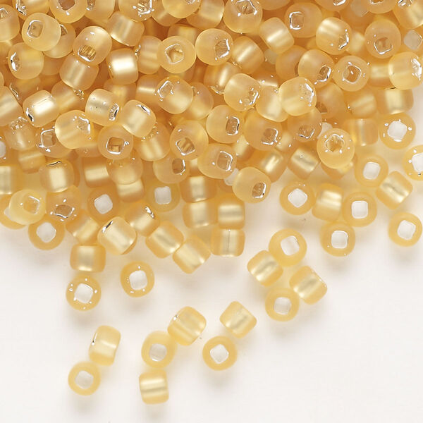 Seed bead, Dyna-Mites™, glass, silver-lined translucent matte medium gold, #6 round with square hole. Sold per 40-gram pkg. image number 0