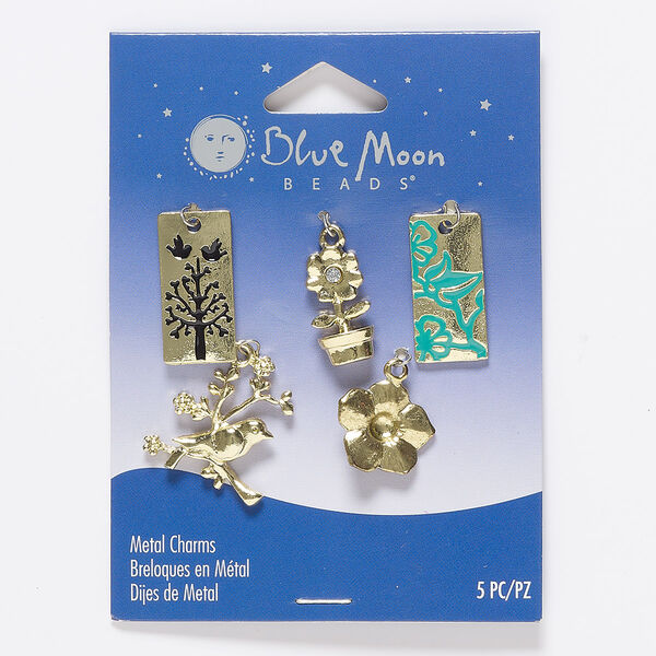 Charm and drop mix, glass / gold- / antique gold-finished "pewter" (zinc-based alloy), black / turquoise blue / clear, 16x14mm-24x21mm single-sided mixed shapes. Sold per pkg of 5. image number 0
