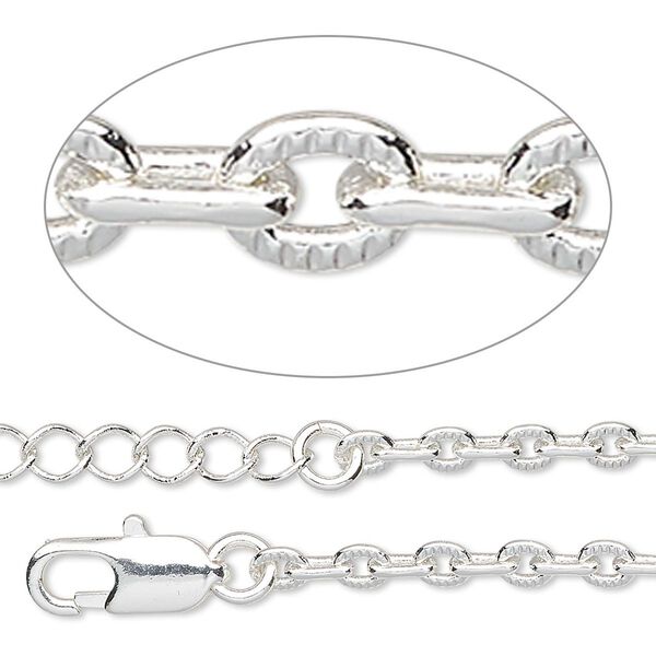 Chain, silver-plated brass, 3mm textured cable, 36 inches with lobster claw clasp and 1 to 3 inches extender chain. Sold individually. image number 0