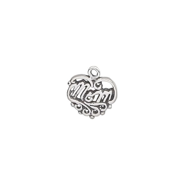 Charm, antiqued sterling silver, 12x10mm heart with "Mom." Sold individually. image number 0