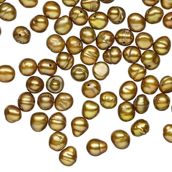 Pearl, cultured freshwater (dyed), golden olive, 5-6mm flat-sided potato, D grade, Mohs hardness 2-1/2 to 4. Sold per 15-inch strand. image number 0