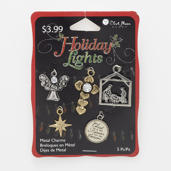 Charm mix, acrylic rhinestone / enamel / antique gold-finished "pewter" (zinc-based alloy), clear / white / black, mixed sizes and shapes. Sold per pkg of 5. image number 0
