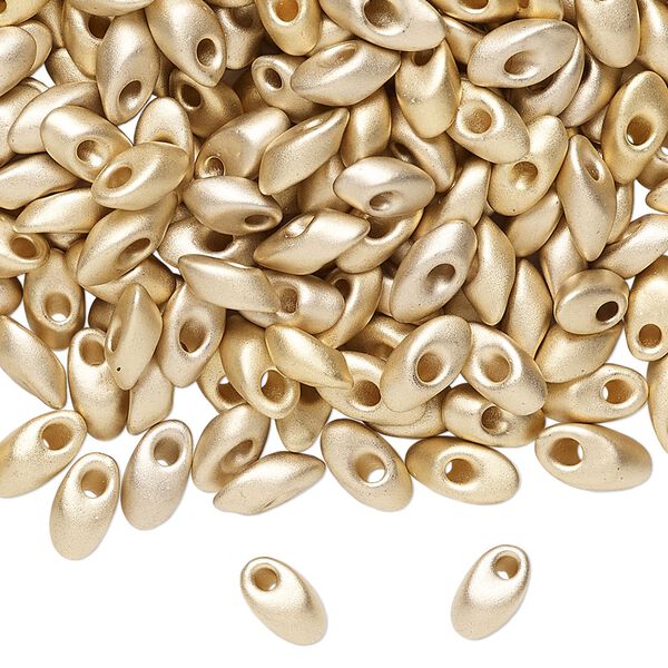 Seed bead, Miyuki, glass, pkg/4g, 7x4mm long magatama, opaque 24Kt gold-plated matte, (LMA-193F). image number 0