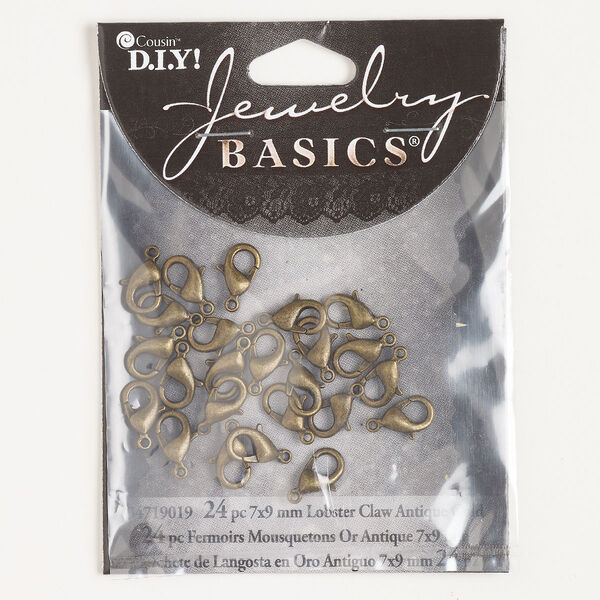 Clasp, lobster claw, "pewter" (zinc-based alloy), pkg/24, 10x6mm oval, antique gold finish. image number 0