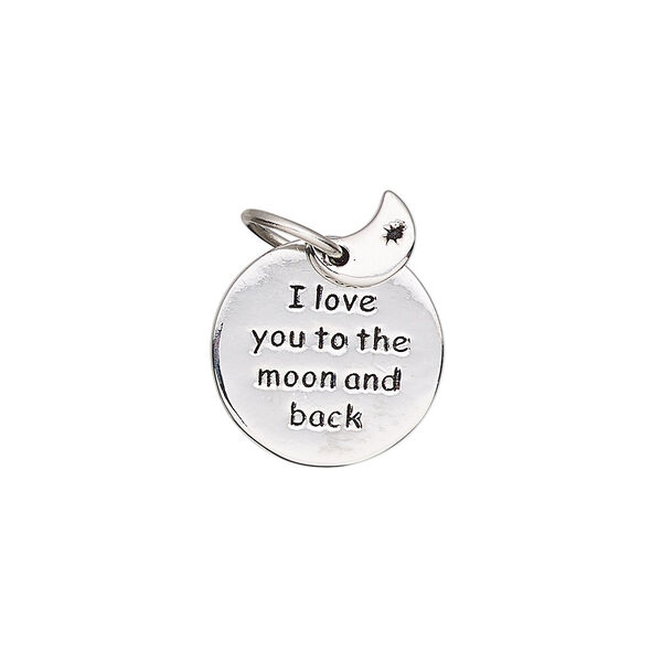 Drop, imitation rhodium-plated "pewter" (zinc-based alloy), 8x5.5mm moon and 17mm single-sided flat round with "I love you to the moon and back." Sold individually. image number 0