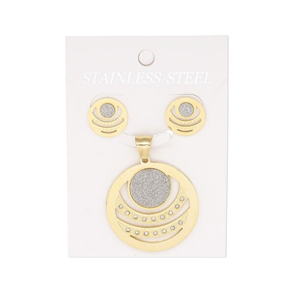 Pendant and earring, glass rhinestone / glitter paper / gold-finished stainless steel, silver and clear, 35mm round pendant with cutout design, 15mm round with cutout design and post. Sold per set. image number 0