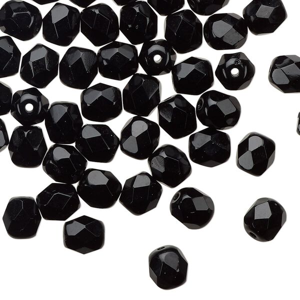 Bead 1pkg60 Czech fire-polished glass, 6mm faceted round, opaque jet black image number 0