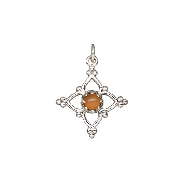 Carnelian / sterling silver 1pkg1, open beaded diamond drop antiqued 17x17mm image number 0