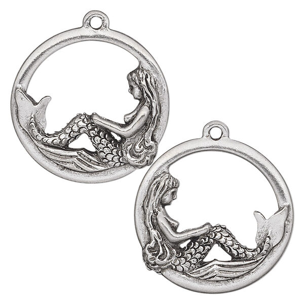 Charm, antiqued pewter (tin-based alloy), 22mm double-sided round with mermaid. Sold per pkg of 2. image number 0