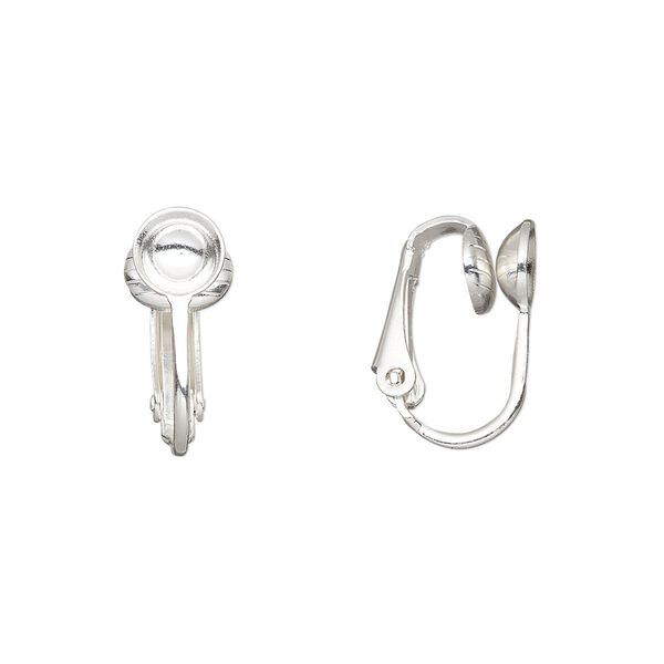Earring clip-on 1pkg100 silver-plated, 16mm hinged / 6mm cup / grooved / 6-8mm round setting, steel 50 pair image number 0