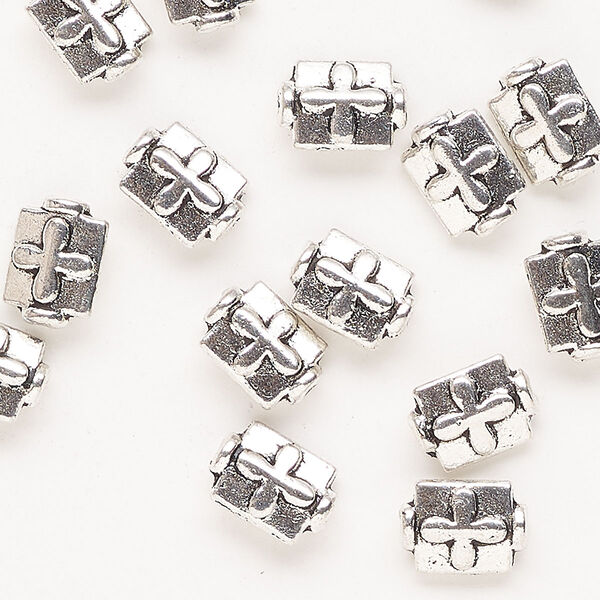 Bead, antique silver-finished "pewter" (zinc-based alloy), 10x7mm beveled rectangle with cross design. Sold per pkg of 20. image number 0