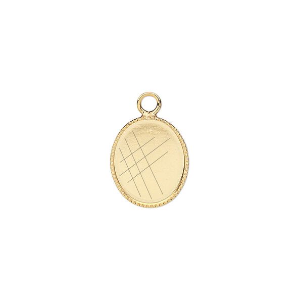 Drop, gold-plated brass, 13x11mm oval with beaded edge and 12x10mm oval bezel setting. Sold per pkg of 12. image number 0