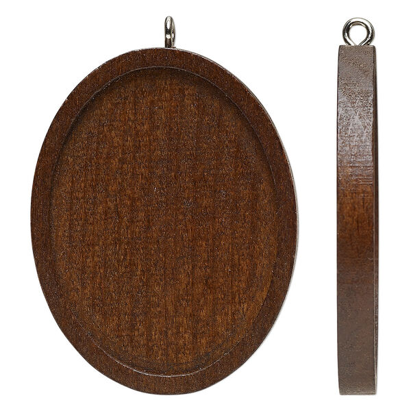 Focal, stained Japanese pagoda wood and stainless steel, dark brown, 45x35mm single-sided oval with 40x30mm non-calibrated oval glue-in setting. Sold per pkg of 8. image number 0