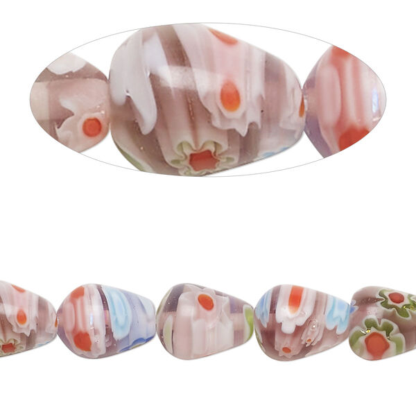 Bead, millefiori glass, translucent multicolored, 9x7mm-11x8mm teardrop. Sold per 14-inch strand. image number 0