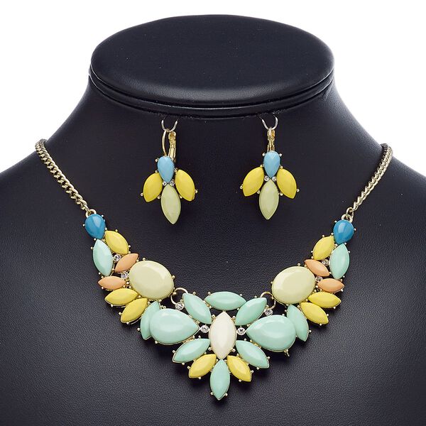 Necklace and earring set, acrylic / glass rhinestone / gold-finished brass / steel / "pewter" (zinc-based alloy), multicolored, 18-inch necklace with 3-inch extender chain and lobster claw clasp, 34mm earrings with leverback ear wire. Sold per set. image number 0