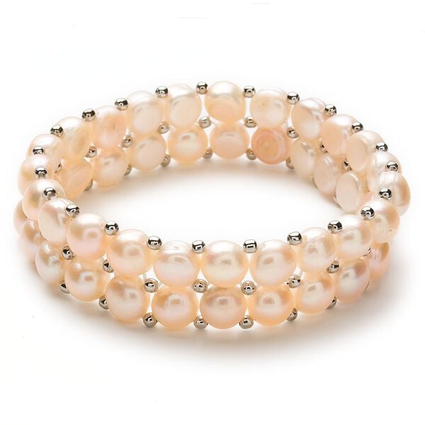 Bracelet, stretch, cultured freshwater pearl and nickel-plated iron, peach, 2mm round and 8mm button, 6 inches. Sold individually. image number 0