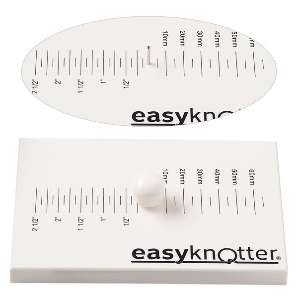Cord knotter, easyknotter®, plastic and steel, white and black, 6 x 4 x 1/2 inch flat rectangle with 1/4 inch markings and 1/2 inch pin, includes protective knob for pin and instructions. Sold individually. image number 0