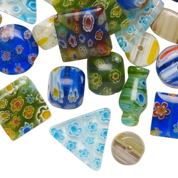 Bead mix, millefiori glass, opaque to transparent multicolored, 12x8mm-18mm mixed shapes. Sold per 4-ounce pkg, approximately 75 beads. image number 0