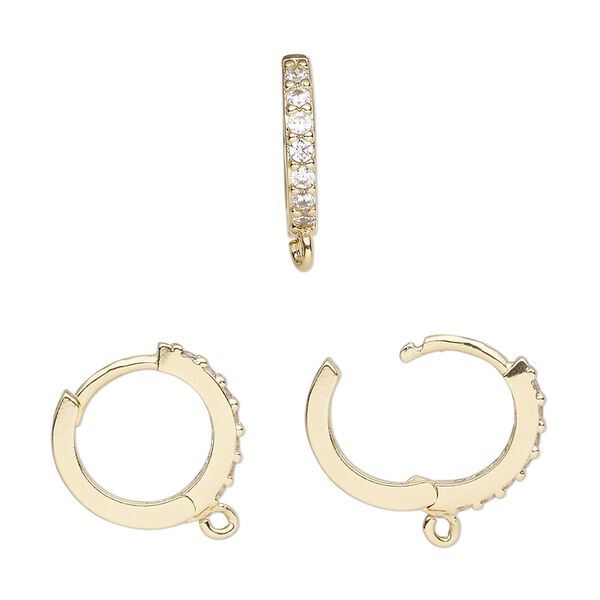 Hoop, gold-finished brass and cubic zirconia, clear, 15mm hoop, 17 gauge. Sold per pair. image number 0