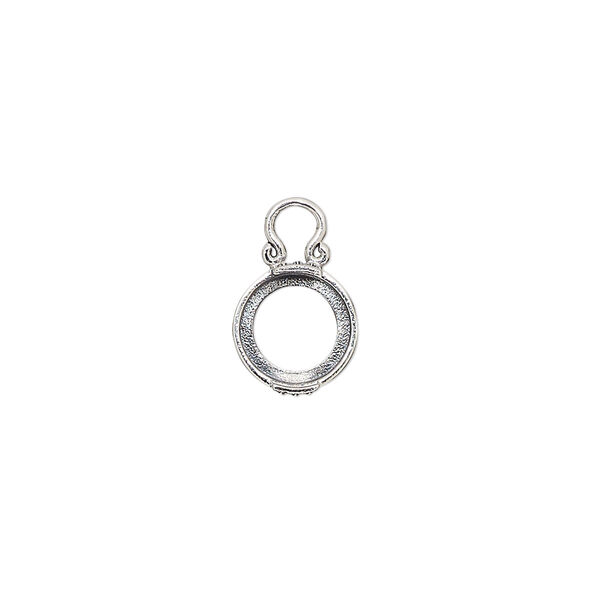 Drop, antiqued sterling silver, 9mm round with dot design and open back with 8mm 2-prong round cabochon setting. Sold individually. image number 0