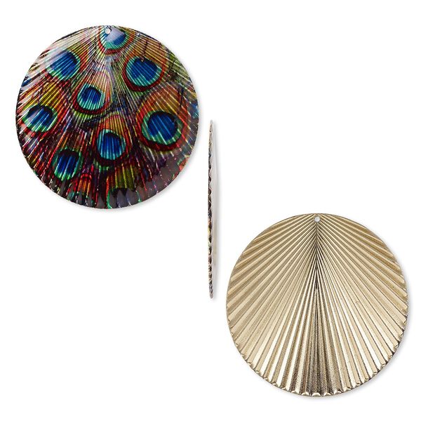 Focal, resin and gold-finished steel, orange and multicolored, 40mm single-sided round with peacock pattern and textured back. Sold individually. image number 0