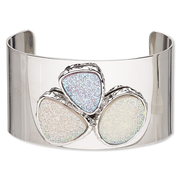 Bracelet, cuff, druzy (imitation) and silver-plated brass, white / light purple / light pink AB, 37mm wide with freeform design, 6 inches. Sold individually. image number 0