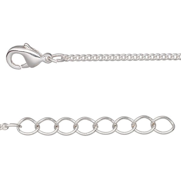 Chain, silver-plated brass, 1.5mm curb, 36 inches with 1-1/4 inch extender chain and lobster claw clasp. Sold per pkg of 2. image number 0