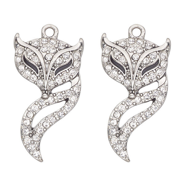 Focal, antique silver-finished "pewter" (zinc-based alloy), enamel and glass, clear and black, 30x17mm single-sided fox. Sold per pkg of 2. image number 0