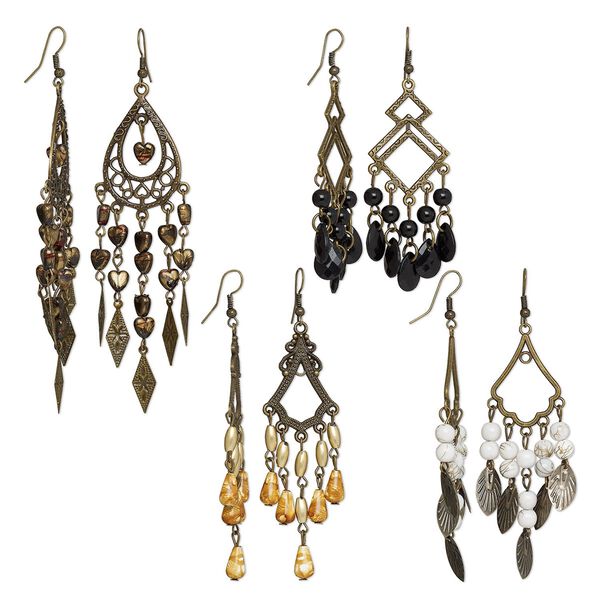 Earring, acrylic / antique brass / antique brass-plated steel, assorted colors, 3 to 4-1/2 inches with fishhook ear wire. Sold per pkg of 4 pairs. image number 0