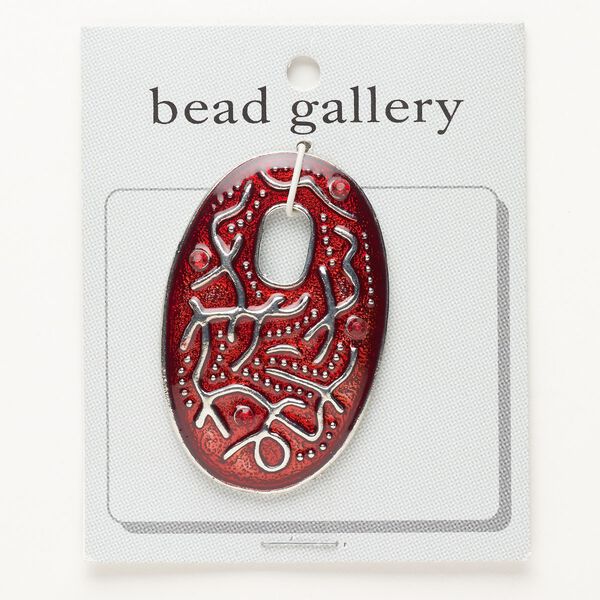Focal, "pewter" (zinc-based alloy)/enamel/glass, pkg/1, silver finish and red, 57x37mm go-go. image number 0