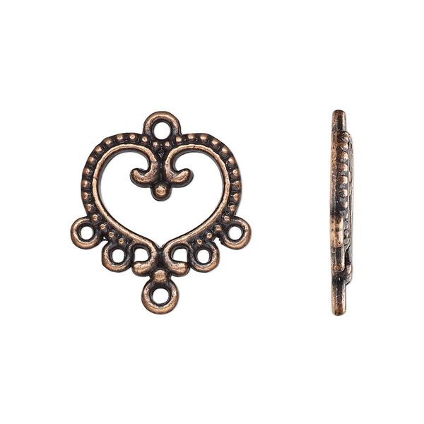 Drop, antique copper-finished "pewter" (zinc-based alloy), 17x16mm single-sided open beaded heart with 5 closed loops. Sold per pkg of 20. image number 0