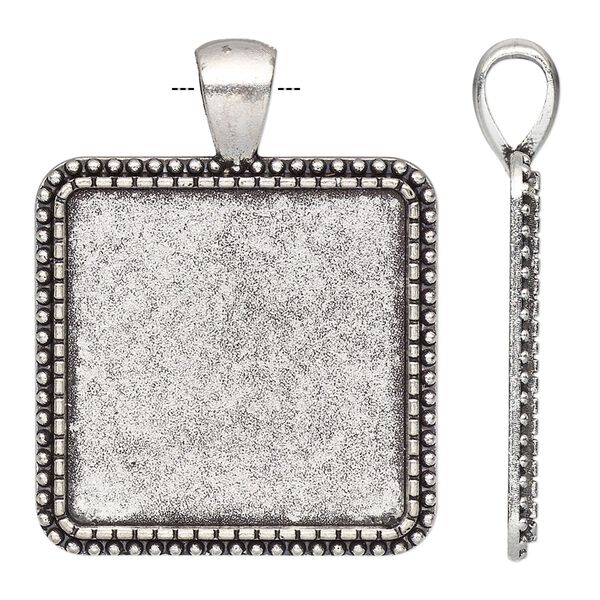 Pendant, antique silver-finished "pewter" (zinc-based alloy), 38x30mm single-sided square with beaded design and 25mm non-calibrated square setting. Sold individually. image number 0