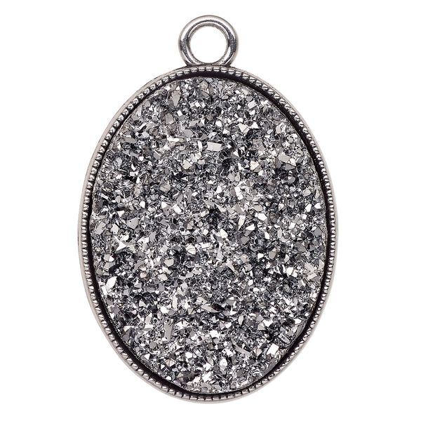 Focal, "druzy" (acrylic) Imitation) and antique silver finished "pewter" (zinc-based alloy), silver, 42x32mm single-sided oval. Sold individually. image number 0