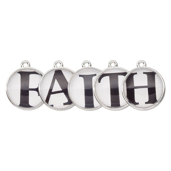 Drop, silver-finished "pewter" (zinc-based alloy) and plastic, black and white, 20mm single-sided domed flat round with "FAITH." Sold per 5-piece set. image number 0