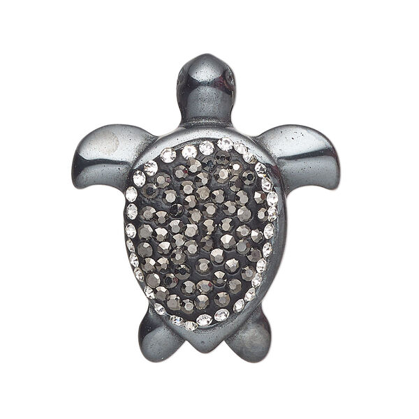 Hemalyke™ / brass / glass rhinestone 1pkg1, silver-finished 1-sided turtle focal 33x29mm image number 0