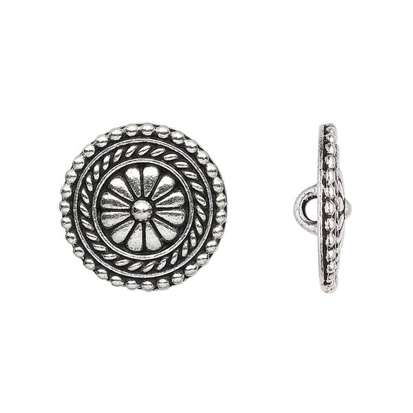 Button, TierraCast®, antique silver-plated pewter (tin-based alloy), 18mm beaded flat round with flower design and loop. Sold per pkg of 2. image number 0