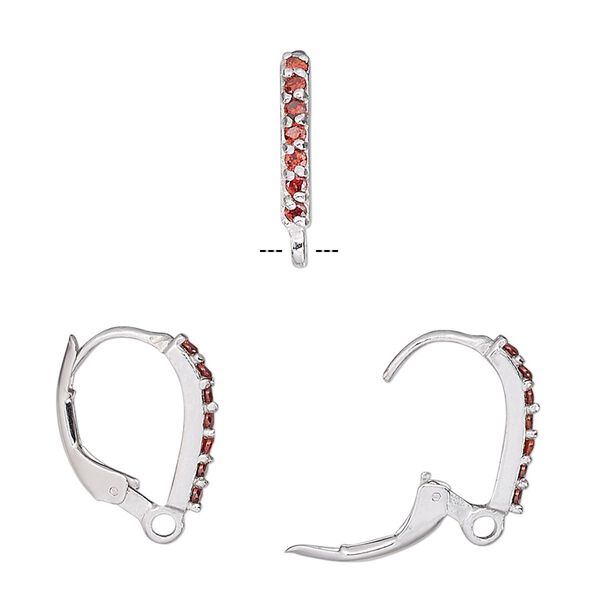 Ear wire leverback 1pkg2 sterling silver / cubic zirconia, 16mm / closed loop, red 1 pair image number 0