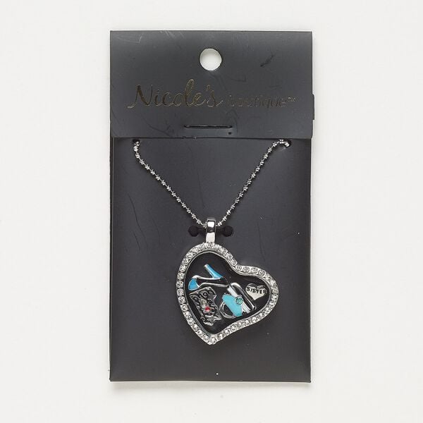 Necklace, glass / enamel / silver- / antique silver-finished "pewter" (zinc-based alloy) / steel, multicolored, 28x27mm heart with mixed designs, 24 inches with 2-inch extender chain and lobster claw clasp. Sold individually. image number 0