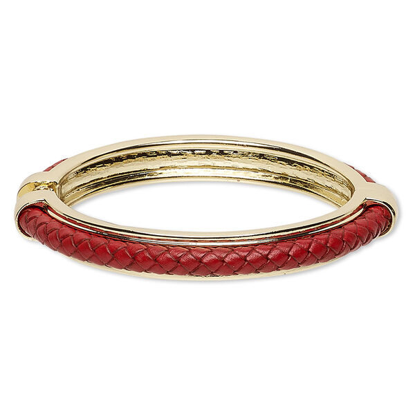 Bracelet, hinged bangle, leather (dyed) with gold-finished steel and "pewter" (zinc-based alloy), red, 10mm wide with braided design, 7 inches. Sold individually. image number 0