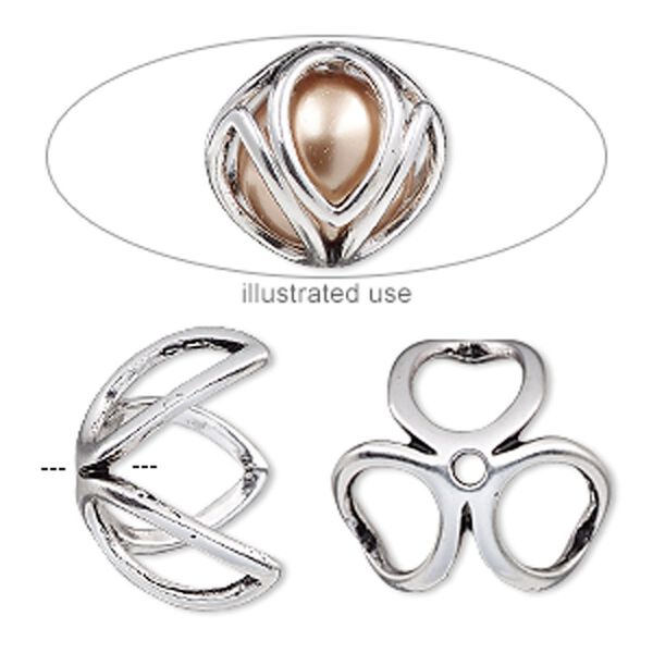 Bead cage, antique silver-plated "pewter" (zinc-based alloy), 18mm round with oval cutout design, fits up to 14mm bead. Sold per 2-piece set. image number 0