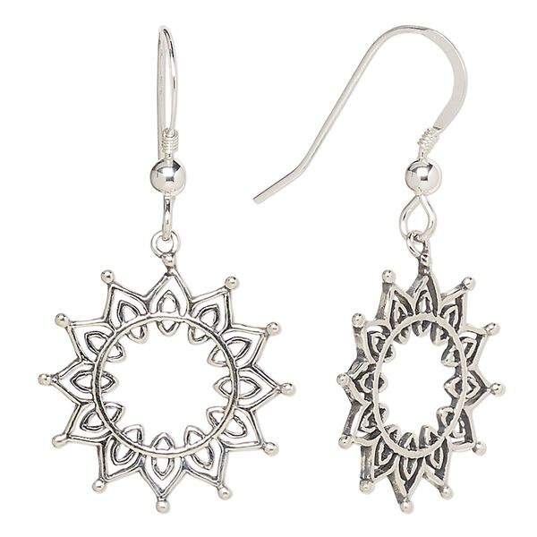 Earring, Create Compliments®, antiqued sterling silver, 39mm open flower and fishhook ear wire, 21 gauge. Sold per pair. image number 0