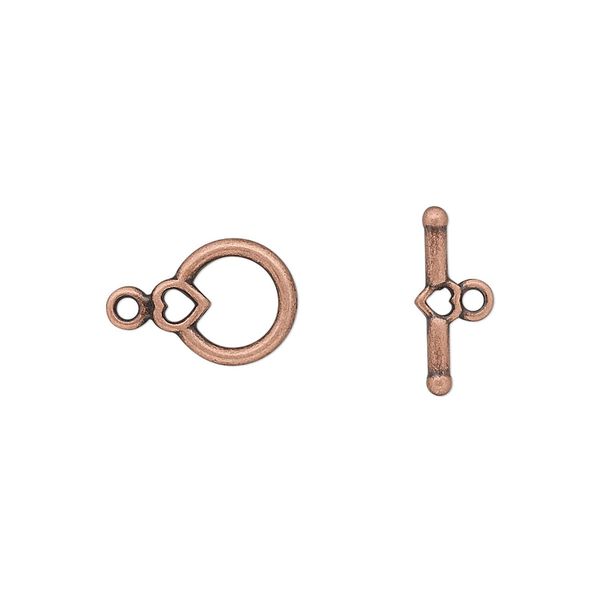 Clasp, toggle, antique copper-plated "pewter" (zinc-based alloy), 10x9mm round with heart. Sold per pkg of 10. image number 0