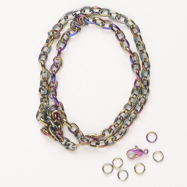 Chain and finding assortment, steel and enamel, pkg/7, rainbow, 5.3-5.5mm rolo chain and mixed findings. image number 0