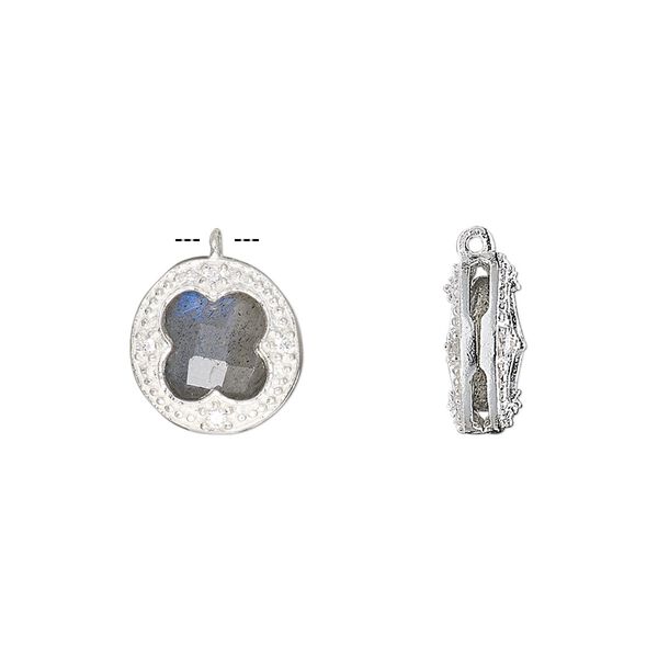 Drop, labradorite (natural) / cubic zirconia / sterling silver, clear, 12mm two-sided faceted round. Sold individually. image number 0