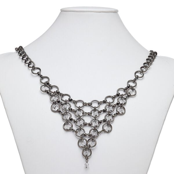 Necklace, glass with gunmetal-plated steel and "pewter" (zinc-based alloy), clear, 24 inches with 1-1/2 inch extender chain and lobster claw clasp. Sold individually. image number 0