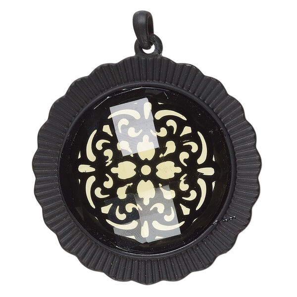 Pendant, acrylic and steel, black and yellow, 55mm matte round with flower design. Sold individually. image number 0